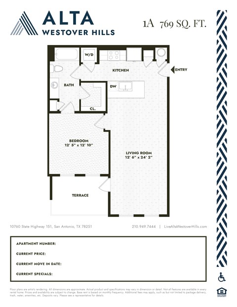 A floor plan for a 1A 769 SQ. FT. apartment in Alta Westover Hills.